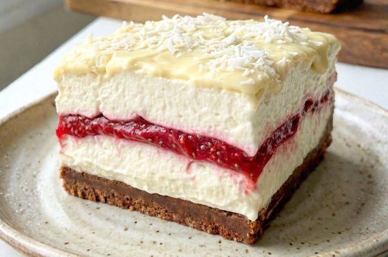 Apetyczny kawałek fit ciasta kremowego z malinami i polewą z białej czekolady