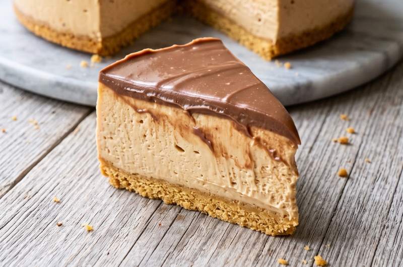 Sernik Twix fit na zimno z kruchym spodem, karmelową masą i polewą czekoladową, z odkrojonym kawałkiem na drewnianym stole