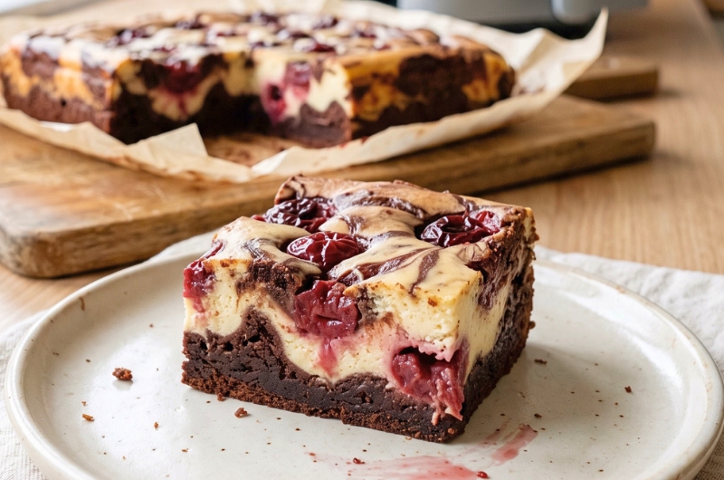 Kawałek fit sernikobrownie z air fryera z wiśniami na talerzu, w tle reszta ciasta na desce