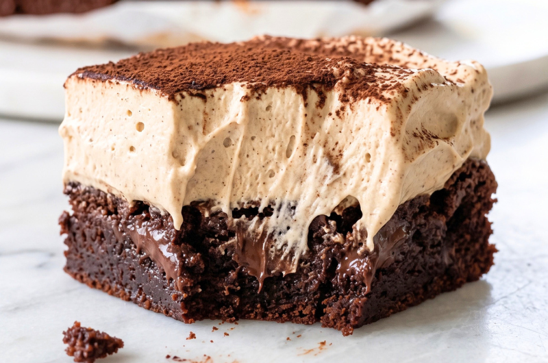 Fit tiramisu brownie - kawałek ciasta z puszystym kremem kawowym i wilgotnym czekoladowym spodem