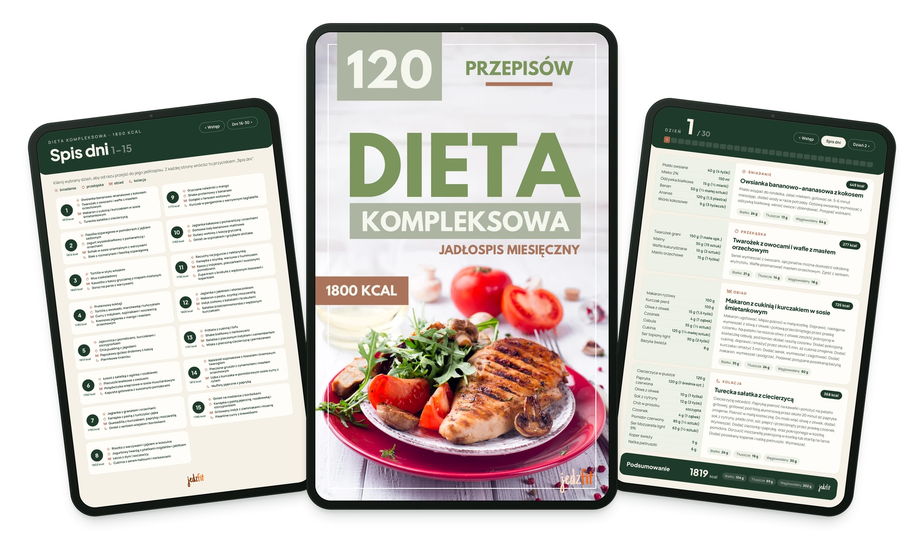 Ebook Dieta kompleksowa na tabletach: okładka, spis dni i strona jadłospisu